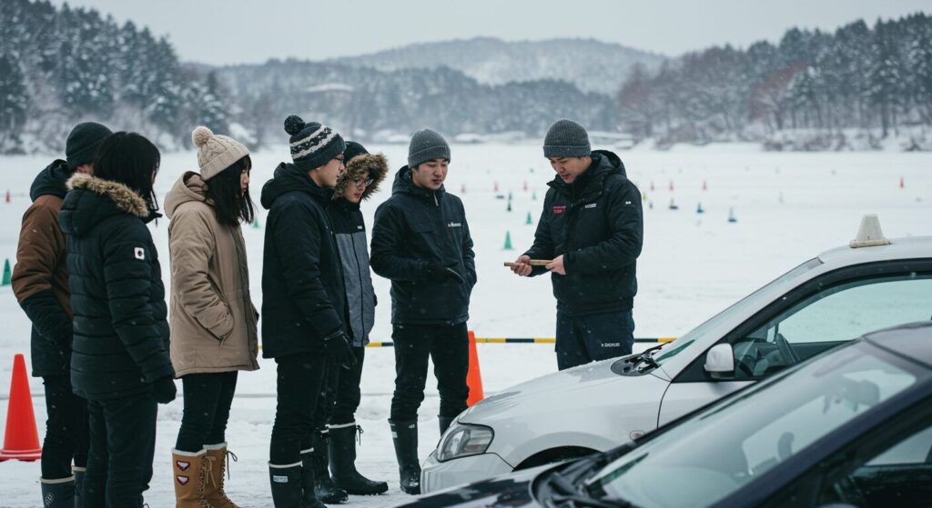 背景が雪で冬用の服装で手前には自動車があり教習を受けているイメージ