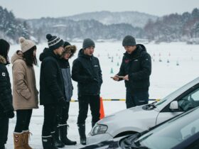 背景が雪で冬用の服装で手前には自動車があり教習を受けているイメージ