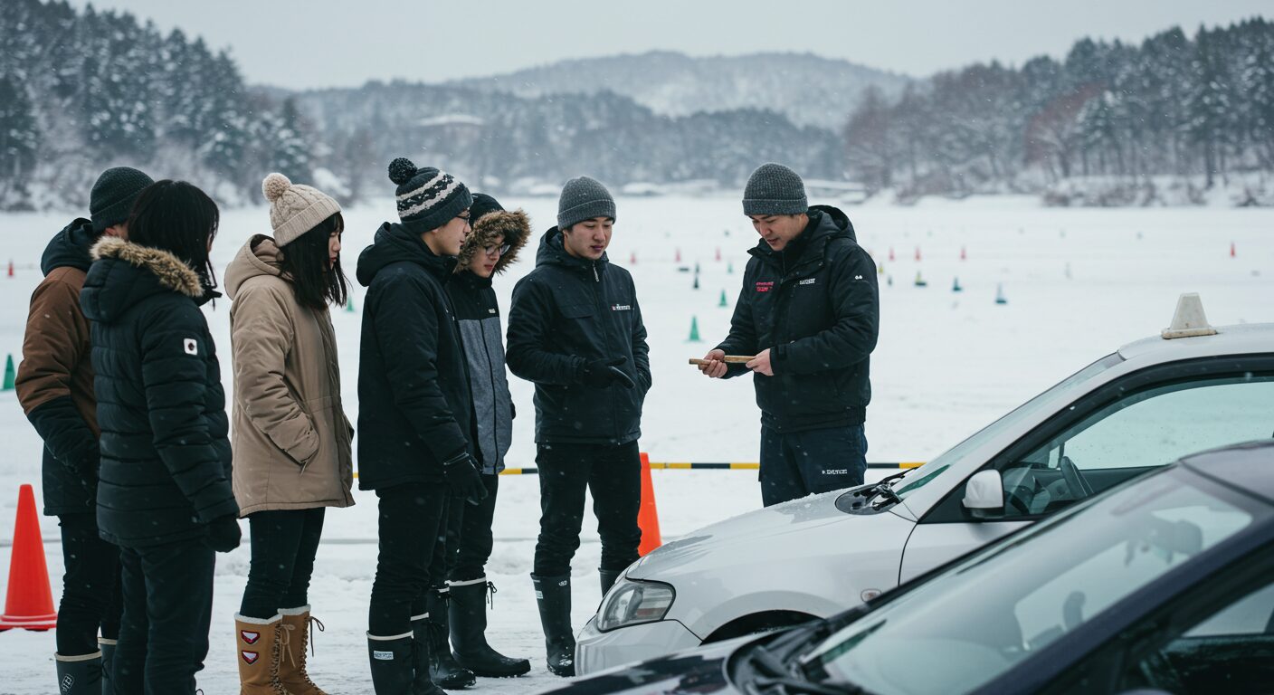 背景が雪で冬用の服装で手前には自動車があり教習を受けているイメージ