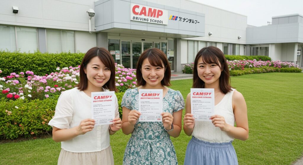 3人の女性がCAMPと書かれた自動車学校の入り口で撮影しているイメージ