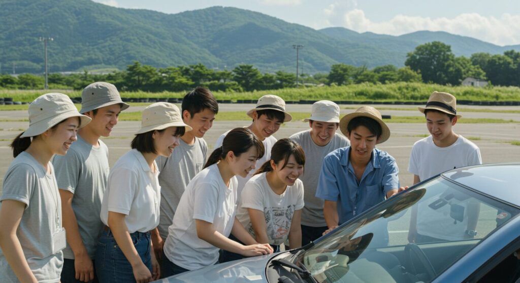 夏の自動車学校で麦わら帽子や半袖姿の学生がコースで授業しているイメージ