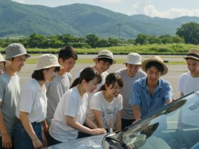 夏の自動車学校で麦わら帽子や半袖姿の学生がコースで授業しているイメージ